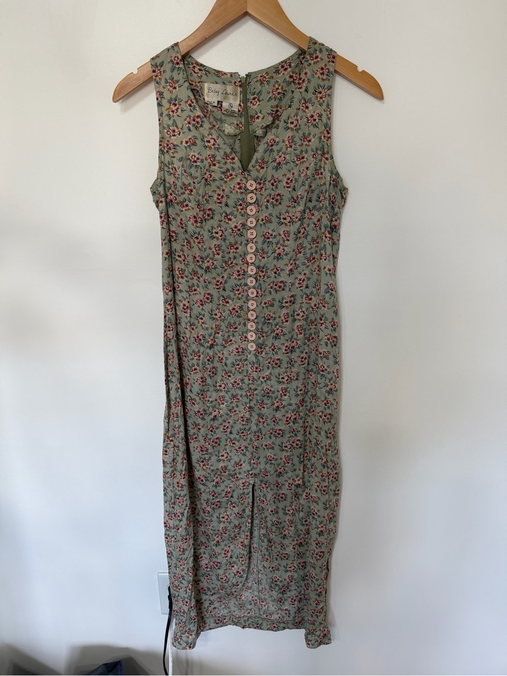 Vintage 90s Betty Lauren Sage Green Ditsy Floral Cottagecore Midi Dress Buttons